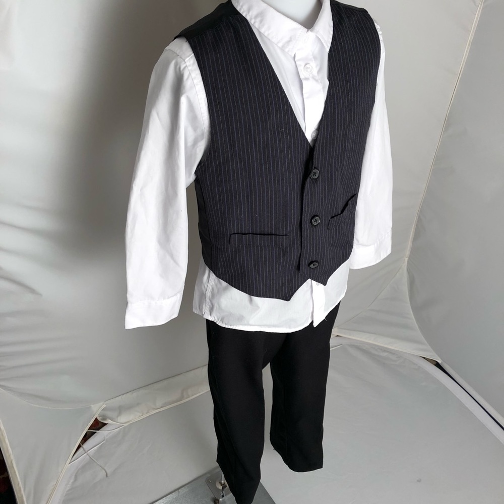 Formal dark gray black and blue pinstripe vest shirt and pants set